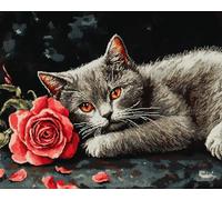 Kits de Point de Croix, Chat animal et fleurs de rose Kits de Broderie au Point de Croix Imprimés 11CT, Kits de Broderie Estampillés, Décoration Murale 40x50cm