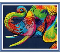 Kits de point de croix estampé bricolage 14CT couture gamme complète de kits de démarrage de broderie pré-imprimés pour les débutants - Éléphant arc-en-ciel 44x36cm