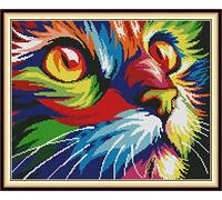 Kits de point de croix estampé bricolage 14CT couture gamme complète de kits de démarrage de broderie pré-imprimés pour les débutants -Chat coloré 39 x 32 cm