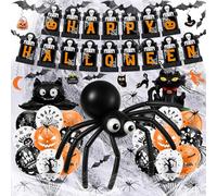 Kits Décoration Ballon Halloween Effrayante, Bannière Happy Halloween, Banderole Spirale Suspendue, Ballons, Toile d'Araignée et Accessoires Festifs, pour les Fêtes d'Halloween Decorations