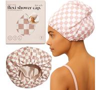 Kitsch Bonnet de douche de luxe pour femme réutilisable, imperméable, doublé en satin flexible, antidérapant, séchage rapide, réglable, élégant pour cheveux longs et courts - Motif à carreaux terre