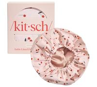 Kitsch Bonnet de douche de luxe pour femme réutilisable, imperméable, doublé en satin flexible, antidérapant, séchage rapide, réglable, élégant pour cheveux longs et courts - Imprimé cerise
