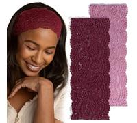 Kitsch Lot de 2 bandeaux larges en dentelle antidérapants pour femme avec ajustement extensible et confortable | Bandeaux décontractés ou d'entraînement pour tous les types de cheveux - Laque cerise