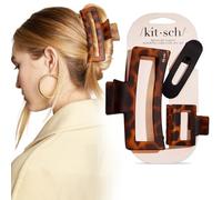 Kitsch Lot de 3 pinces à cheveux assorties pour femmes - Pinces à cheveux ouvertes pour femmes et filles, pince plate - Finition mate, plastique durable - Noir et tortue