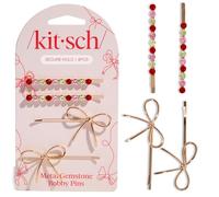 Kitsch Lot de 4 épingles à cheveux en métal avec pierre précieuse et nœud - Rouge, rose et vert