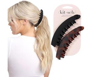 Kitsch Pince banane - Pinces à cheveux pour femme, sûres et résistantes, sans plis, pour coiffures, queues de cheval et chignons - Noir et écaille, lot de 2