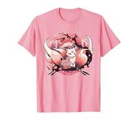 Kitsune Fox Renard Japonais à Neuf queues Fleurs de Cerisier T-Shirt, Homme, Rose, 3XL