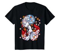 Kitsune Japonais Renard à Neuf Queues Fleurs de Cerisier T-Shirt, Enfant, Noir, 4 Ans