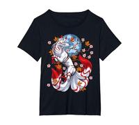 Kitsune Japonais Renard à Neuf Queues Fleurs de Cerisier T-Shirt, Femme Grandes Tailles, Noir, 2X
