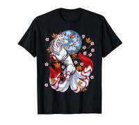 Kitsune Japonais Renard à Neuf Queues Fleurs de Cerisier T-Shirt, Homme, Noir, S