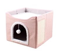 Kitten House Cat Bed, Condo Cute Sleeping Tent, About 41x41x35cm Size, Cube House with Plush Ball and Scratch Pad for Kitten, Puppy, Small Animals, Felt Cloth, Wool
