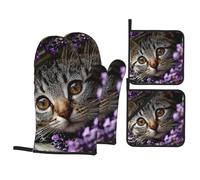 Kitten in the Flowers Kit de cuisson durable avec maniques et maniques étanches et résistantes à la chaleur