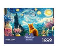 Kitten Sitting on The Windowsill 1000 Pièces Carton Extra-épais Coffret De Puzzles Van-Gogh Style Starry Sky Stimulant Et Éducatif Défi Unique Puzzles As Birthday Gifts 70x50cm/1000pcs