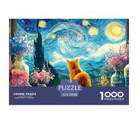 Kitten Sitting on The Windowsill 1000 Pièces Carton Premium Coffret De Puzzles Van-Gogh Style Starry Sky Stimulant Et Éducatif Jeu Familial Puzzles As Birthday Gifts 52x38cm/1000pcs
