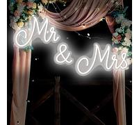 Kittmip Mr & Mrs Panneau néon pour mariage - Toile de fond LED USB - Décoration de réception de mariage, cadeaux pour anniversaire, fiançailles, banquet (blanc froid, 63,5 x 17,8 cm)