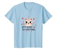 Kitty Kisses Fix Everything - Adorable Chat Amoureux T-Shirt, Enfant, Bleu Céleste, 12 Ans