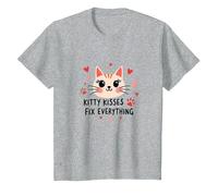 Kitty Kisses Fix Everything - Adorable Chat Amoureux T-Shirt, Enfant, Gris Chiné, 4 Ans