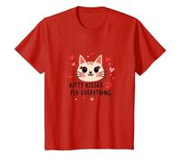Kitty Kisses Fix Everything - Adorable Chat Amoureux T-Shirt, Enfant, Rouge, 12 Ans