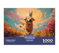 Kitty Riding on The Back of A Dog 1000 Pcs Carton Premium Lot de Puzzles Happy Puppy Stimulant Et Éducatif Jeu Créatif Puzzles pour Adultes Et Enfants 70x50cm/1000pcs