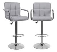 KITYTETY Tabourets de Bar - Lot de 2 Chaises de Bar, Hauteur réglable, revêtement en PU, rotation à 360°, avec Accoudoirs - Gris
