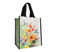 KIUB Cabas de courses en matière recyclée - motif Colibris volant au dessus de leurs fleurs préférées - format 30 * 26 cm avec épaisseur de 16CM