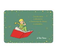 Carte Petit Prince avec un livre et pensant à tout ce qu'il doit apprendre du vaste monde - dimension 10*15cm