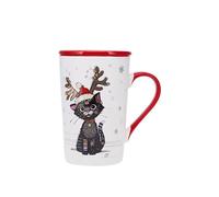 KIUB Grand mug NOEL avec couvercle - motif chat noir etant Noel - matière porcelaine fine - contenance 400ML