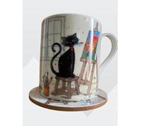 KIUB Mug porcelaine avec dessous en liège - motif chat peintre - hauteur 9CM - contenance 300ML - coffret cadeau