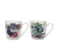 KIUB Set de 2 mini tasses arrondies - chat jouant avec une pelote de laine et chat caché dans une plante - porcelaine fine et hauteur 7,5CM - boite assortie