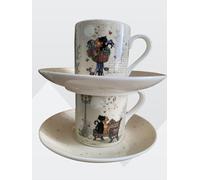 KIUB Set de 2 mini tasses avec soucoupes dans coffret cadeau- motifs chats amoureux sur un banc public et sur un vélo - porcelaine fine - hauteur 6CM -contenance 100ML