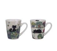 KIUB Set de 2 mini tasses - chats au jardin et chat couché sur une étagère - porcelaine fine et hauteur 7,5CM - boite assortie