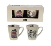 KIUB Set de 2 tasses - motif chat à vélo et chat sur des coussins - porcelaine fine et hauteur 7,5CM - boite assortie