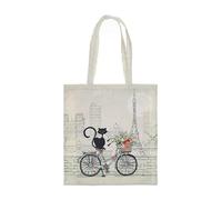 KIUB Totebag en coton renforcé - motif Paris Tour Eiffel avec un chat cycliste - dimensions 40 * 37CM (16 * 15 inches)
