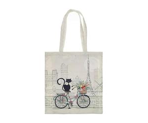 KIUB Totebag en coton renforcé - motif Paris Tour Eiffel avec un chat cycliste - dimensions 40 * 37CM (16 * 15 inches)