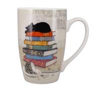 KIUB Très grand mug porcelaine arrondi - motif chat dormant sur des livres - hauteur 12CM - contenance 490ML - boite assortie