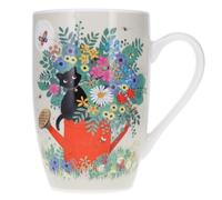 KIUB Très grand mug porcelaine arrondi - motif chat en plein jardinage avec son arrosoir et au milieu des fleurs- hauteur 12CM - contenance 490ML - boite assortie