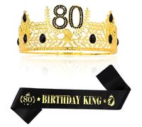 KIUEZIR 80e anniversaire ensemble couronne et écharpe pour homme - Couronne ronde baroque en or avec gravure dorée « 80 Birthday King », matériau de qualité supérieure pour anniversaire et célébration
