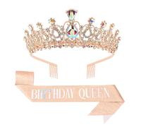 KIUEZIR Ensemble de diadème en cristal et écharpe pour reines d'anniversaire en or rose - Couronne en alliage élégante et durable avec peigne et écharpe pailletée accessoire de cheveux idéal pour les