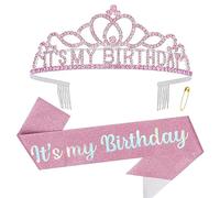 KIUEZIR Ensemble diadème et écharpe « It's My Birthday » en rose - Joli bandeau couronne en strass et alliage avec peigne, écharpe pailletée et épingle réglable, parfait pour les fêtes d'anniversaire