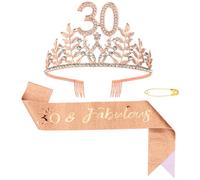 KIUEZIR Luxueux ensemble couronne et écharpe d'anniversaire en or rose 30 & fabuleux - Strass en forme de feuille et diadème en alliage avec peigne et écharpe pailletée - Décoration d'anniversaire