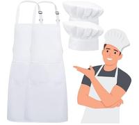 Kiuiom Blanc Tablier avec Poches,Réglable Tabliers de Cuisine Blanc,Tablier Cuisine Toque Chef,Ensemble Tablier et Toque de Chef pour Homme Femme BBQ Restaurant Café Pâtisserie (Blanc 2 Set)