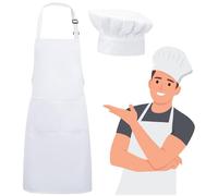 Kiuiom Blanc Tablier avec Poches,Réglable Tabliers de Cuisine Blanc,Tablier Cuisine Toque Chef,Ensemble Tablier et Toque de Chef pour Homme Femme BBQ Restaurant Café Pâtisserie (Blanc 1 Set)