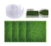 Kiuiom Tapis De Pelouse Verte Artificielle,Mini Simulation Gazons,Artificiel Miniature Herbe,Pelouse Verte Artificielle, 4 PCS avec Clôture en Blanc 5 * 90CM Miniature Décorative Mousse
