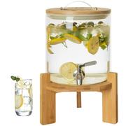 KIUYTQQ Distributeur de Boissons en Verre Borosilicate avec Support en Bambou et Robinet en Acier Inoxydable, Carafe à jus étanche pour Eau, Cocktails et fêtes