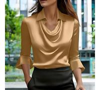 Kivivaka Chemise d'été en satin de polyester pour femme à manches longues | Manches cloches lisses, élégantes, design de couleur unie, encolure à col, mode estivale