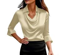 Kivivaka Chemise d'été en satin de polyester pour femme à manches longues | Manches cloches lisses, élégantes, design de couleur unie, encolure à col, mode estivale