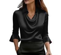 Kivivaka Chemise d'été en satin de polyester pour femme à manches longues | Manches cloches lisses, élégantes, design de couleur unie, encolure à col, mode estivale