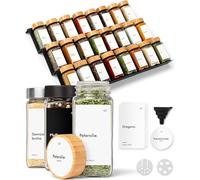 KIVY Bocaux à épices avec étagère à épices (couvercles en bambou (bocaux + étagère), largeur réglable, tiroir de rangement à épices