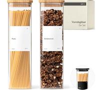 KIVY Bocaux de conservation rectangulaires [2x 1800ml] + étiquettes - Bocaux de conservation empilables et hermétiques avec couvercle - Bocaux à pâtes avec couvercle - Grands bocaux à spaghettis en