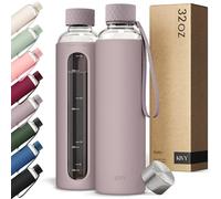 KIVY Bouteille d'eau en verre avec manchon en silicone de 950 ml [avec mesure] - Bouteille d'eau en verre borosilicate avec bouchon à vis - Bouteilles transparentes avec marquage de mesure - Bouteille
